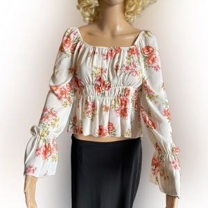 Floral Ruffle Cream Long Sleeve Blouse Women’s Medium